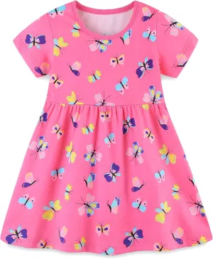 FreeLu Girls Cartoon Appliques Dress Cotton Summer Short Sleeve Dresses Casual Jersey Skirt