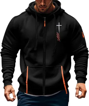Full Zip Hoodies for Men Cross Religious Christian Graphic Shirt Long Sleeve Spring Sweatshirts with Zipper Pocket