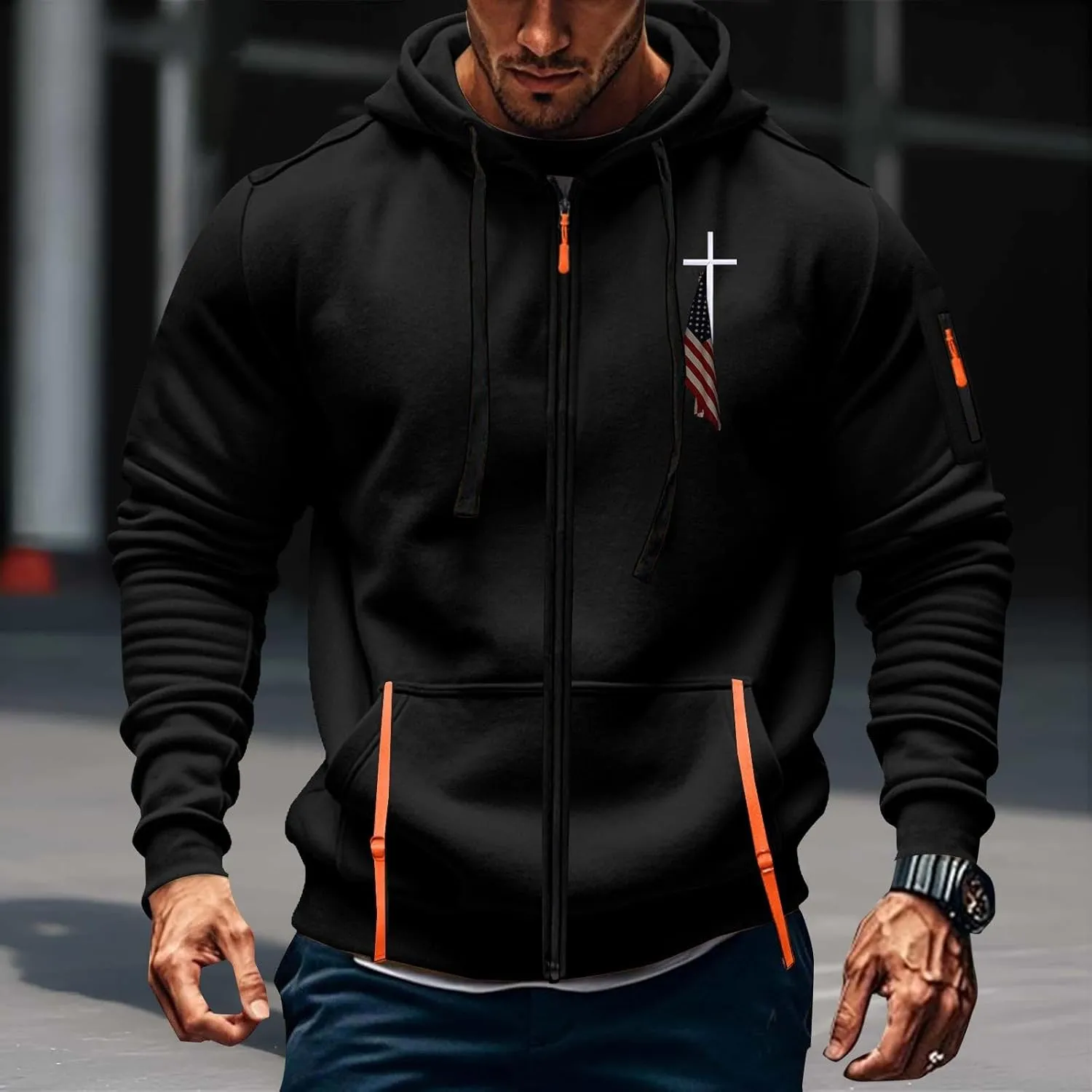 Full Zip Hoodies for Men Cross Religious Christian Graphic Shirt Long Sleeve Spring Sweatshirts with Zipper Pocket