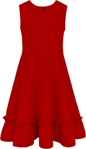 Girls Summer Dress Cute Sleeveless Soild Color Ruffle Hemline Swing A-line Sundress
