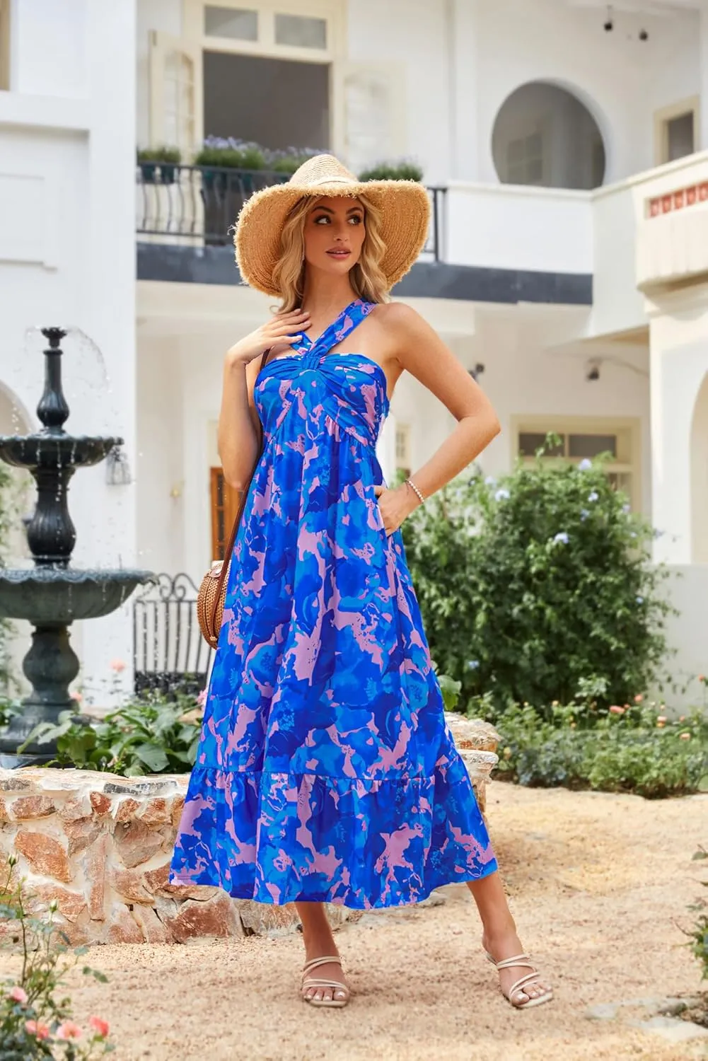 GRACE KARIN 2025 Women's Criss Cross Halterneck Sleeveless Summer Floral Print Flowy A Line Maxi Dress
