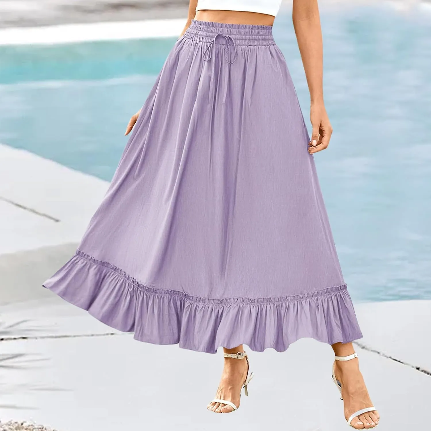High Waist Tiered Skirts for Women Aline Long High Elastic Waisted Skirt Summer Flowy Boho Maxi Skirts Beach Dress