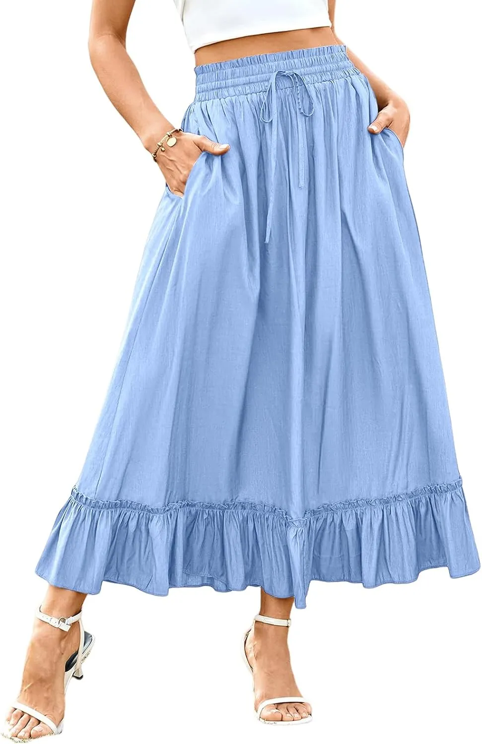 High Waist Tiered Skirts for Women Aline Long High Elastic Waisted Skirt Summer Flowy Boho Maxi Skirts Beach Dress