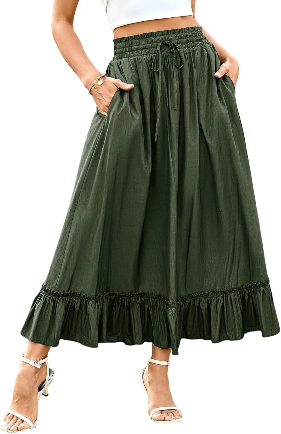 High Waist Tiered Skirts for Women Aline Long High Elastic Waisted Skirt Summer Flowy Boho Maxi Skirts Beach Dress