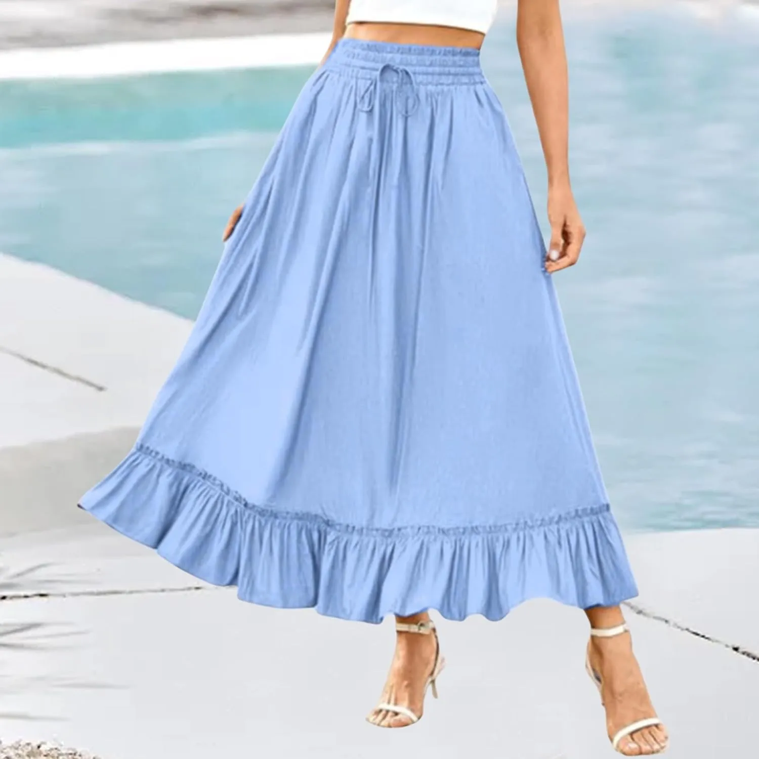 High Waist Tiered Skirts for Women Aline Long High Elastic Waisted Skirt Summer Flowy Boho Maxi Skirts Beach Dress