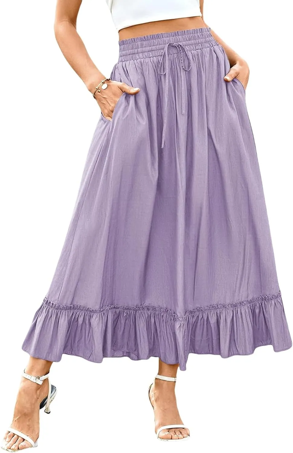 High Waist Tiered Skirts for Women Aline Long High Elastic Waisted Skirt Summer Flowy Boho Maxi Skirts Beach Dress