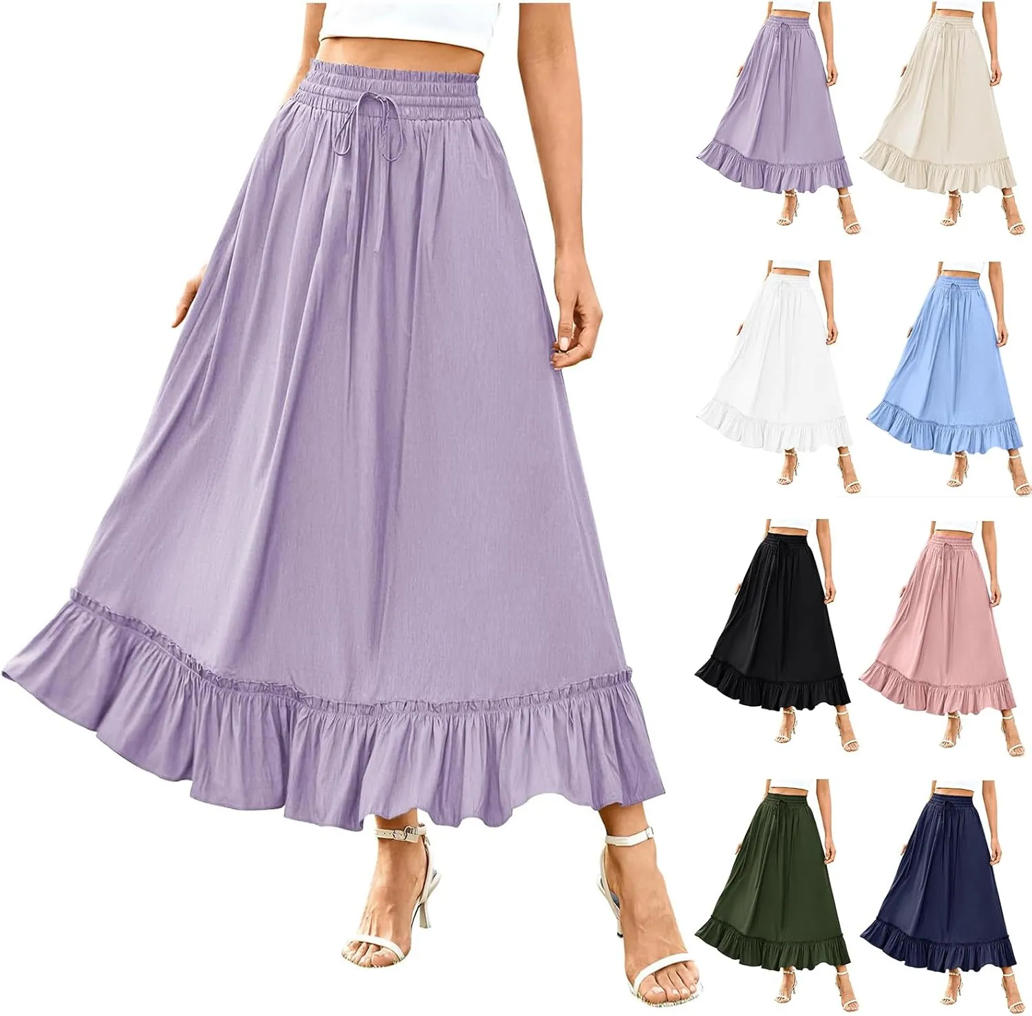 High Waist Tiered Skirts for Women Aline Long High Elastic Waisted Skirt Summer Flowy Boho Maxi Skirts Beach Dress