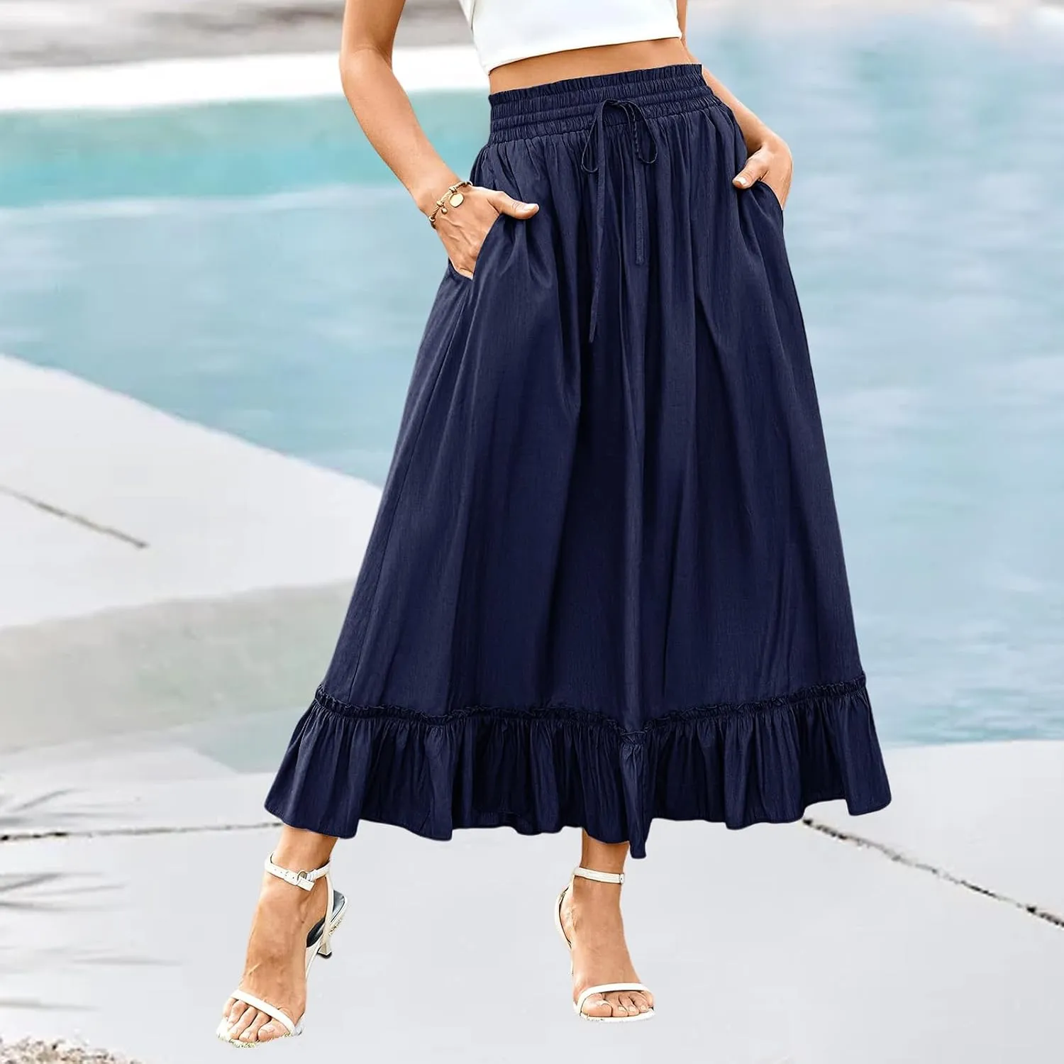 High Waist Tiered Skirts for Women Aline Long High Elastic Waisted Skirt Summer Flowy Boho Maxi Skirts Beach Dress