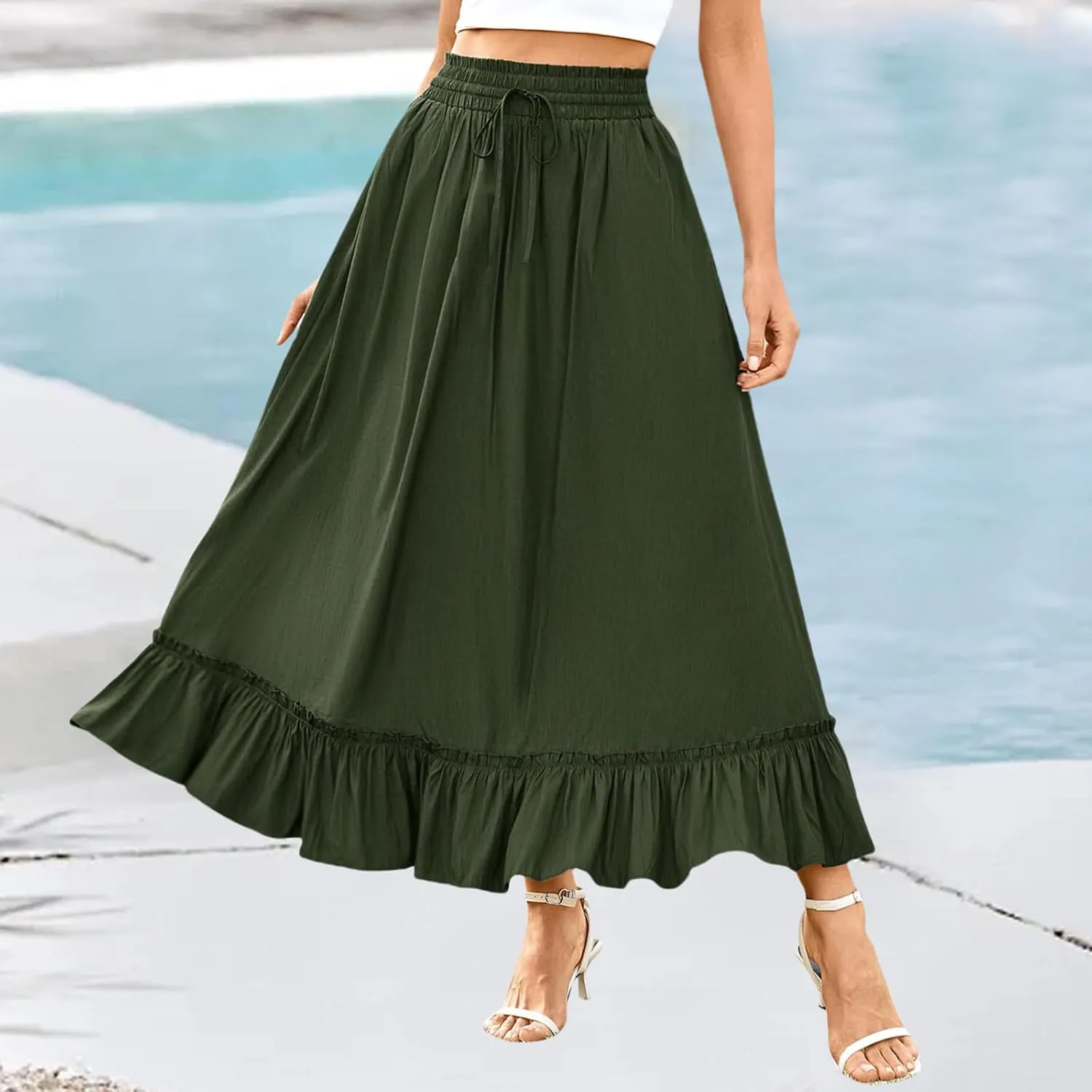 High Waist Tiered Skirts for Women Aline Long High Elastic Waisted Skirt Summer Flowy Boho Maxi Skirts Beach Dress