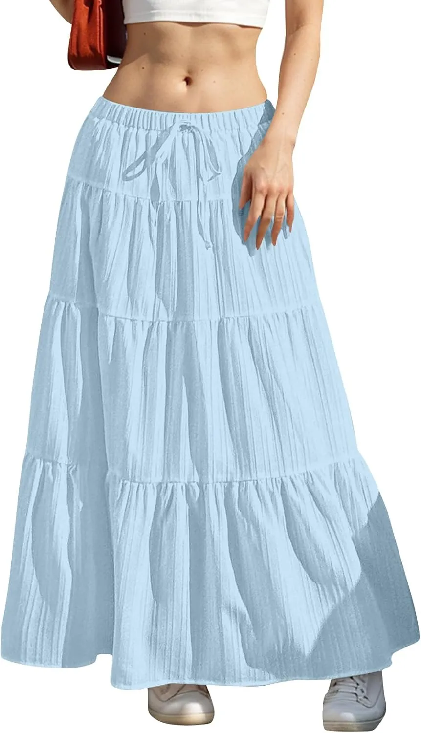 High Waist Tiered Skirts for Women Casual Dressy Drawstring Flowy Skirts Summer Beach Fashion Trendy Long Skirt