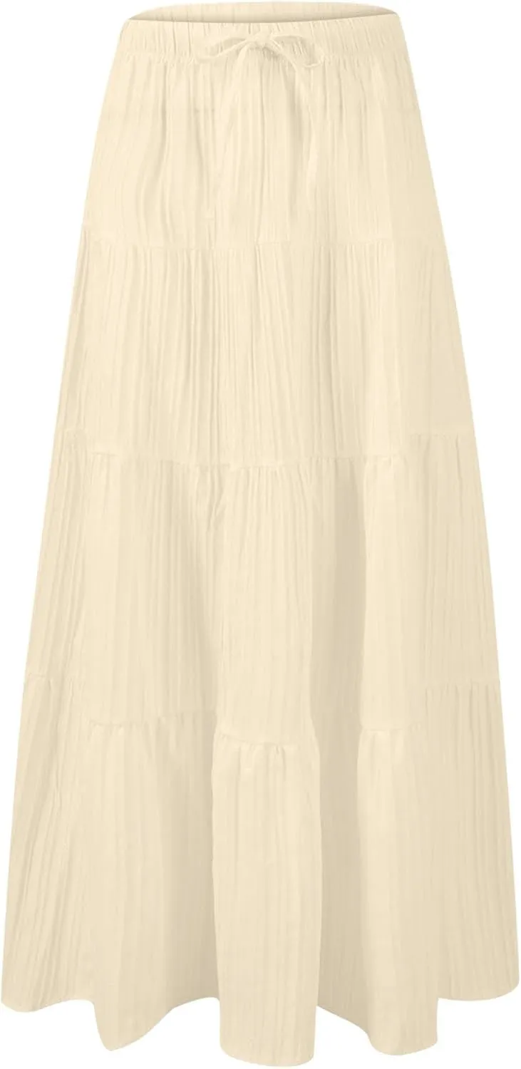 High Waist Tiered Skirts for Women Casual Dressy Drawstring Flowy Skirts Summer Beach Fashion Trendy Long Skirt