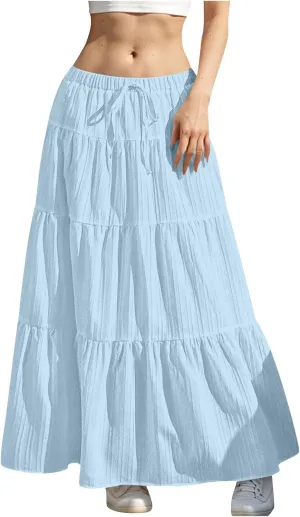 High Waist Tiered Skirts for Women Casual Dressy Drawstring Flowy Skirts Summer Beach Fashion Trendy Long Skirt