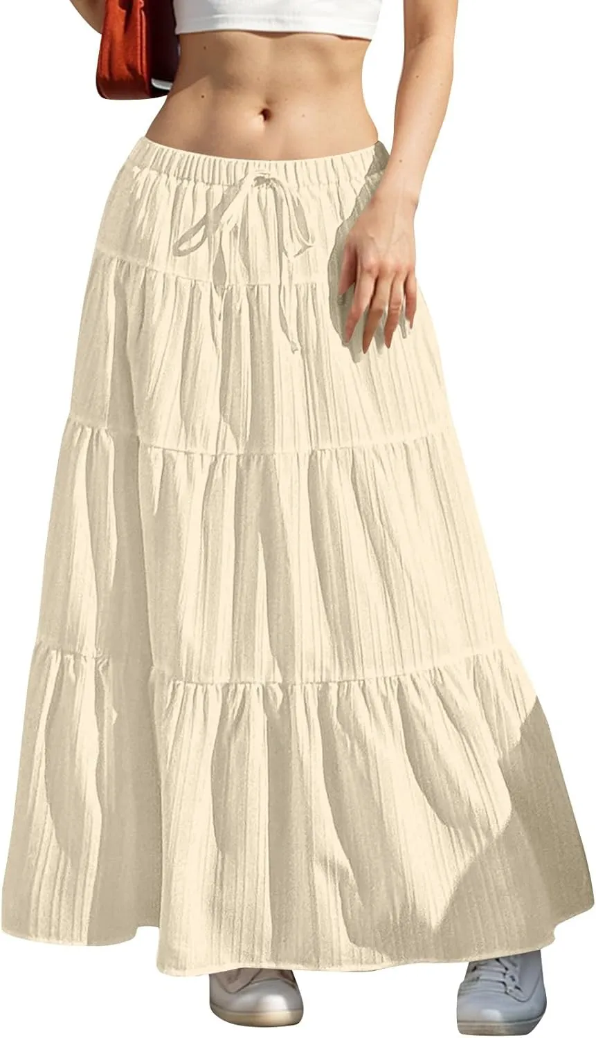 High Waist Tiered Skirts for Women Casual Dressy Drawstring Flowy Skirts Summer Beach Fashion Trendy Long Skirt