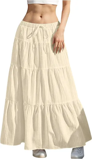 High Waist Tiered Skirts for Women Casual Dressy Drawstring Flowy Skirts Summer Beach Fashion Trendy Long Skirt