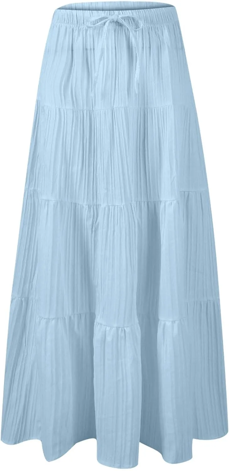 High Waist Tiered Skirts for Women Casual Dressy Drawstring Flowy Skirts Summer Beach Fashion Trendy Long Skirt