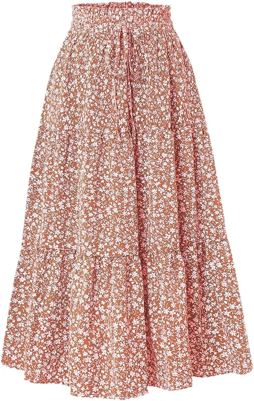 High Waist Tiered Skirts for Women Floral Print Boho Flowy Skirts Below Knee Length 2025 Fashion A Line Casual Skorts