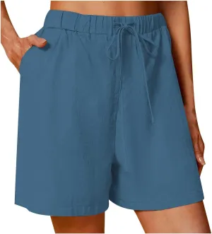 high Waisted Shorts for Women 2024 Summer Elastic Waist Drawstring Shorts Cotton Linen Casual Clothes with Pockets