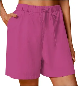 high Waisted Shorts for Women 2024 Summer Elastic Waist Drawstring Shorts Cotton Linen Casual Clothes with Pockets