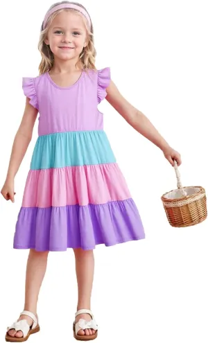 HILEELANG Little Girls Short Sleeve Dresses Easter Summer Cotton Casual Skater Swing Twirly Sundress