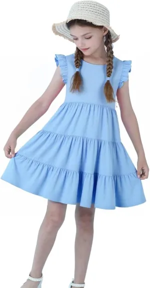 HILEELANG Little Girls Short Sleeve Dresses Easter Summer Cotton Casual Skater Swing Twirly Sundress
