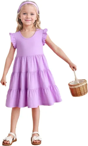 HILEELANG Little Girls Short Sleeve Dresses Easter Summer Cotton Casual Skater Swing Twirly Sundress