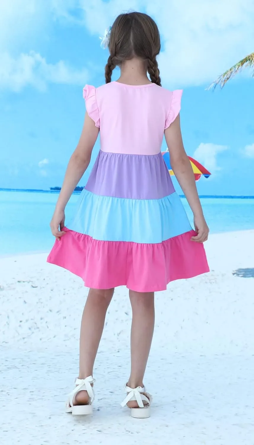 HILEELANG Little Girls Short Sleeve Dresses Easter Summer Cotton Casual Skater Swing Twirly Sundress