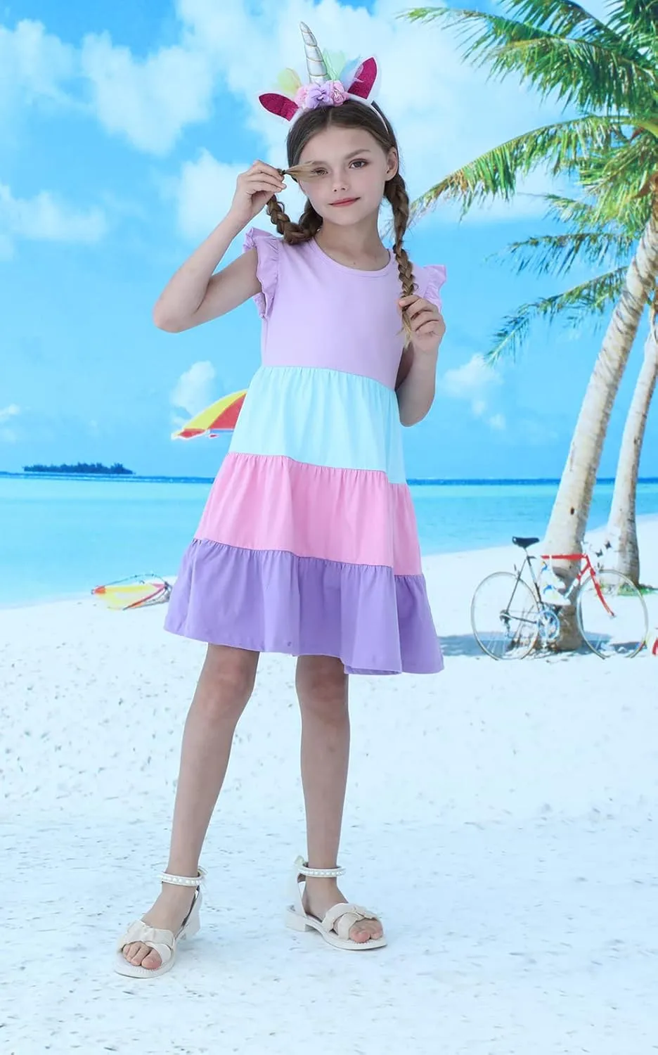 HILEELANG Little Girls Short Sleeve Dresses Easter Summer Cotton Casual Skater Swing Twirly Sundress