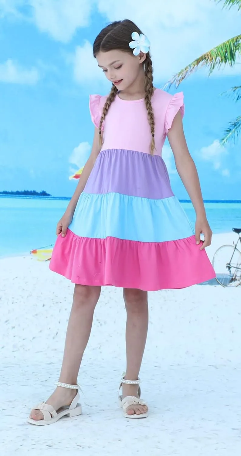 HILEELANG Little Girls Short Sleeve Dresses Easter Summer Cotton Casual Skater Swing Twirly Sundress