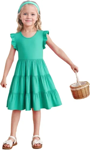 HILEELANG Little Girls Short Sleeve Dresses Easter Summer Cotton Casual Skater Swing Twirly Sundress