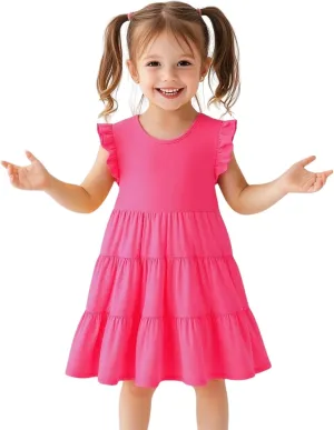 HILEELANG Little Girls Short Sleeve Dresses Easter Summer Cotton Casual Skater Swing Twirly Sundress