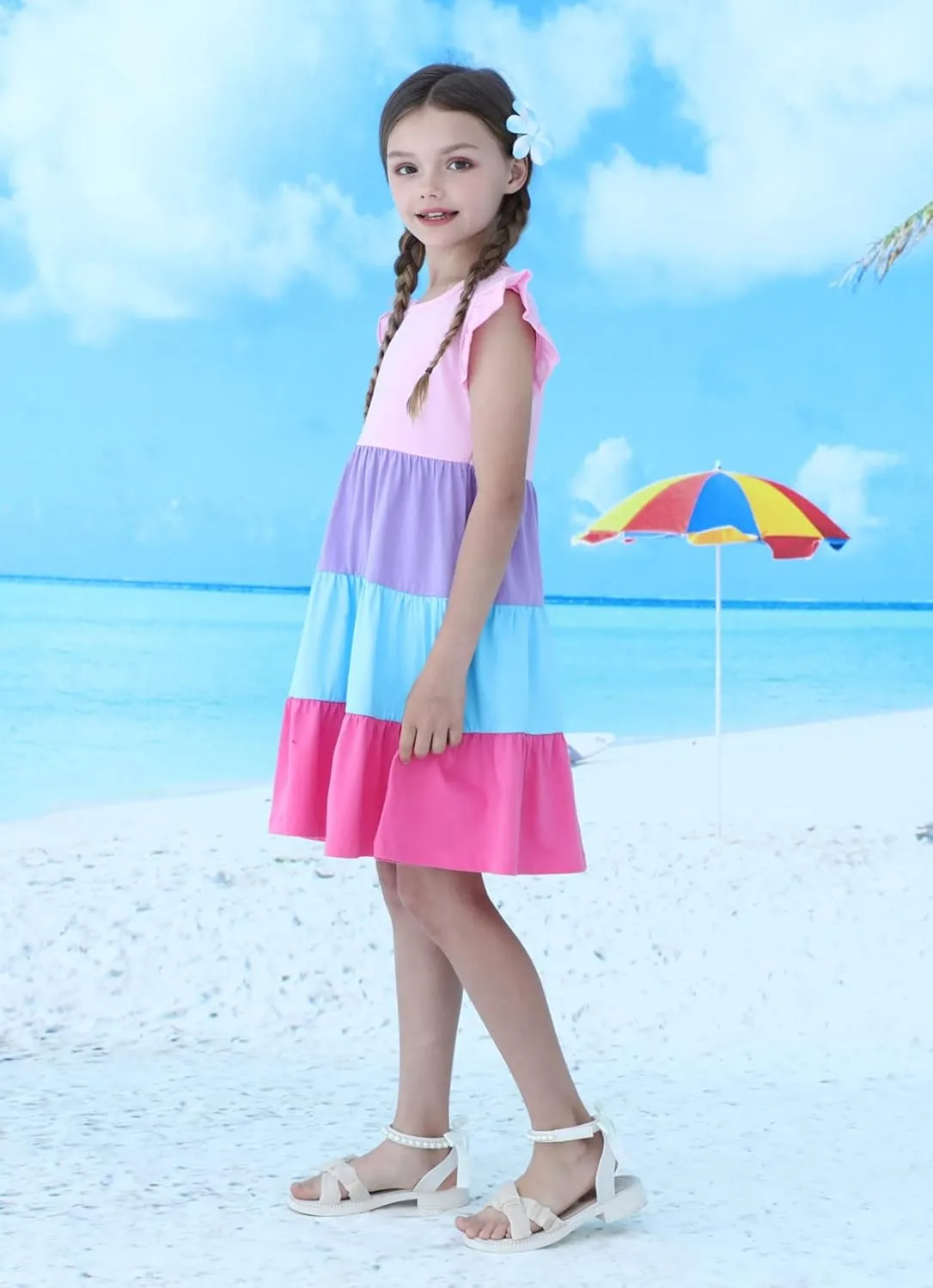 HILEELANG Little Girls Short Sleeve Dresses Easter Summer Cotton Casual Skater Swing Twirly Sundress