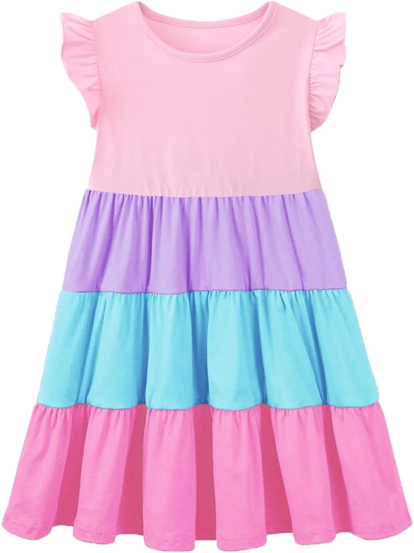HILEELANG Little Girls Short Sleeve Dresses Easter Summer Cotton Casual Skater Swing Twirly Sundress