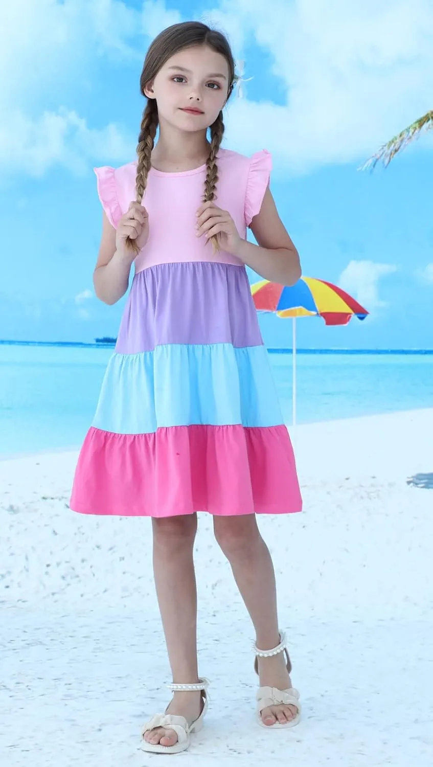 HILEELANG Little Girls Short Sleeve Dresses Easter Summer Cotton Casual Skater Swing Twirly Sundress