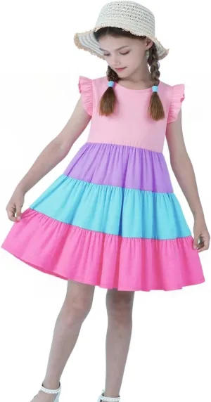 HILEELANG Little Girls Short Sleeve Dresses Easter Summer Cotton Casual Skater Swing Twirly Sundress