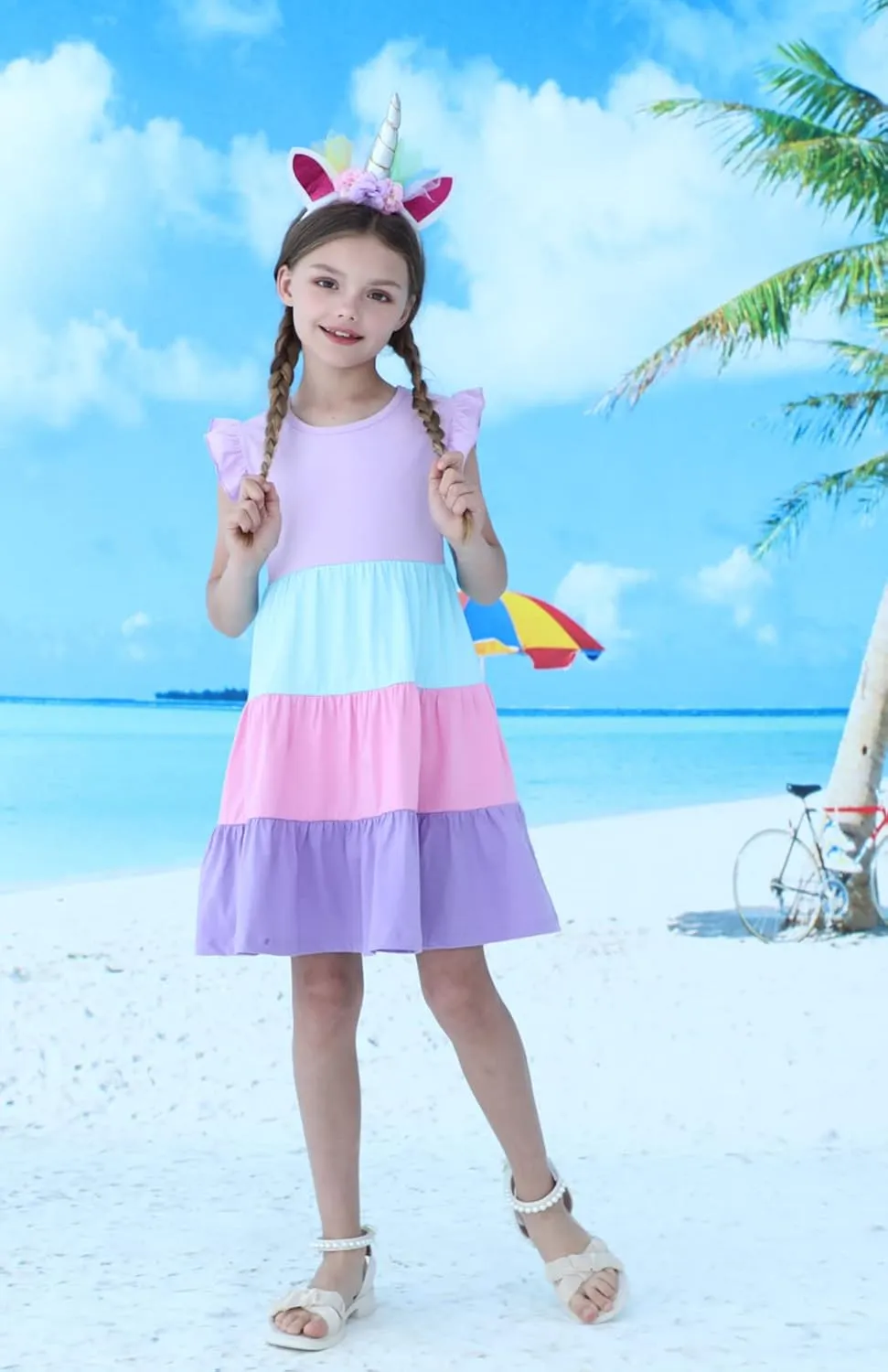 HILEELANG Little Girls Short Sleeve Dresses Easter Summer Cotton Casual Skater Swing Twirly Sundress