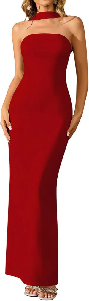 HTZMO Women Elegant Summer Bodycon Maxi Dress Halter Neck Formal Wedding Guest Cocktail Party Long Dresses
