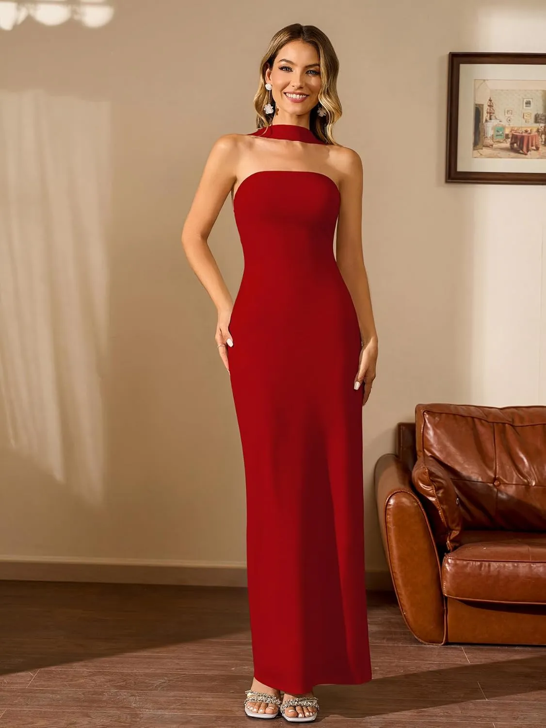 HTZMO Women Elegant Summer Bodycon Maxi Dress Halter Neck Formal Wedding Guest Cocktail Party Long Dresses