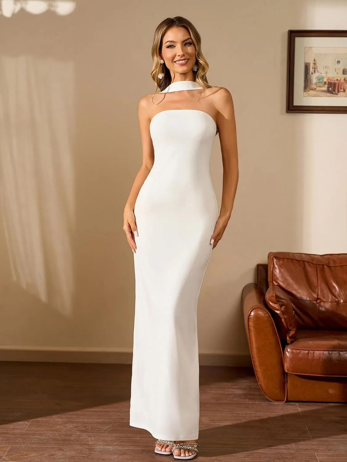 HTZMO Women Elegant Summer Bodycon Maxi Dress Halter Neck Formal Wedding Guest Cocktail Party Long Dresses