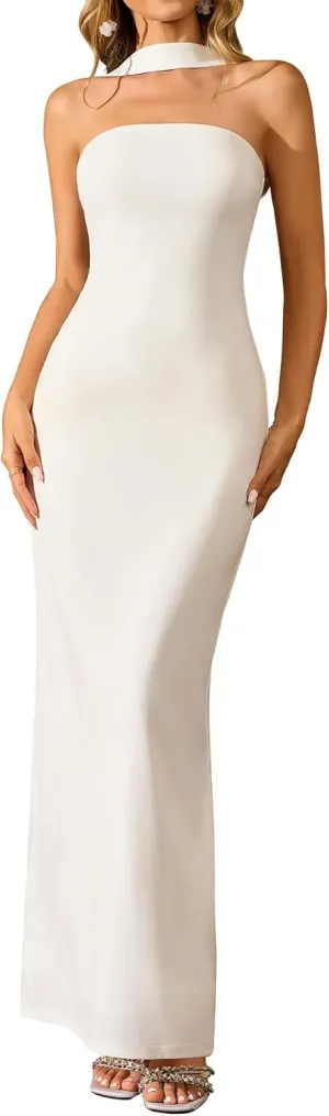 HTZMO Women Elegant Summer Bodycon Maxi Dress Halter Neck Formal Wedding Guest Cocktail Party Long Dresses