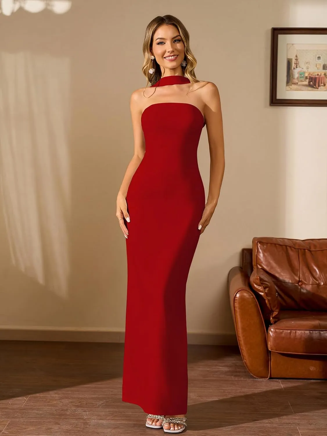 HTZMO Women Elegant Summer Bodycon Maxi Dress Halter Neck Formal Wedding Guest Cocktail Party Long Dresses