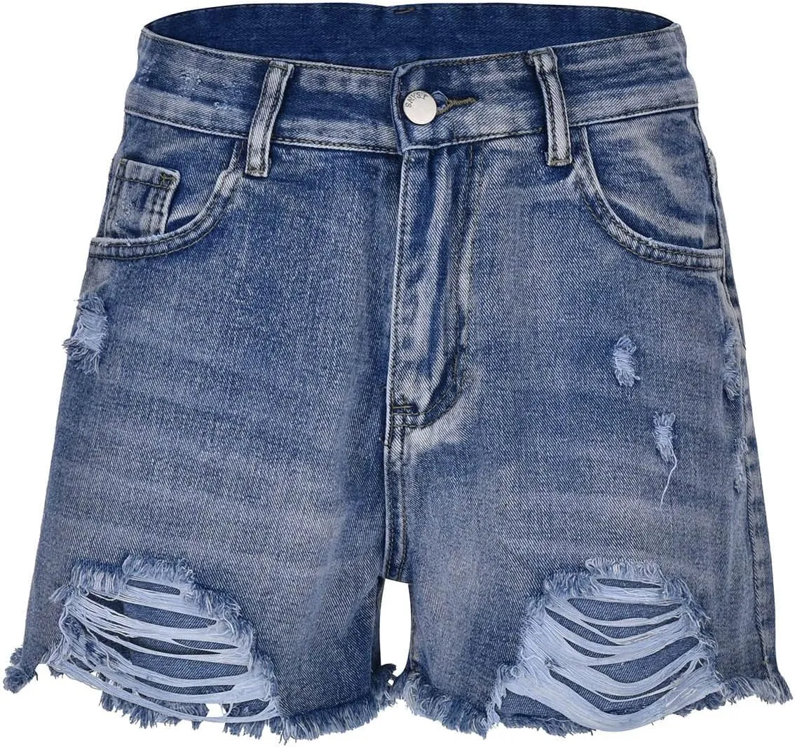 Jean Shorts Womens Stretchy High Waisted Ripped Shorts with Pockets Trendy Distressed Cuffed Hem Denim Hot Shorts