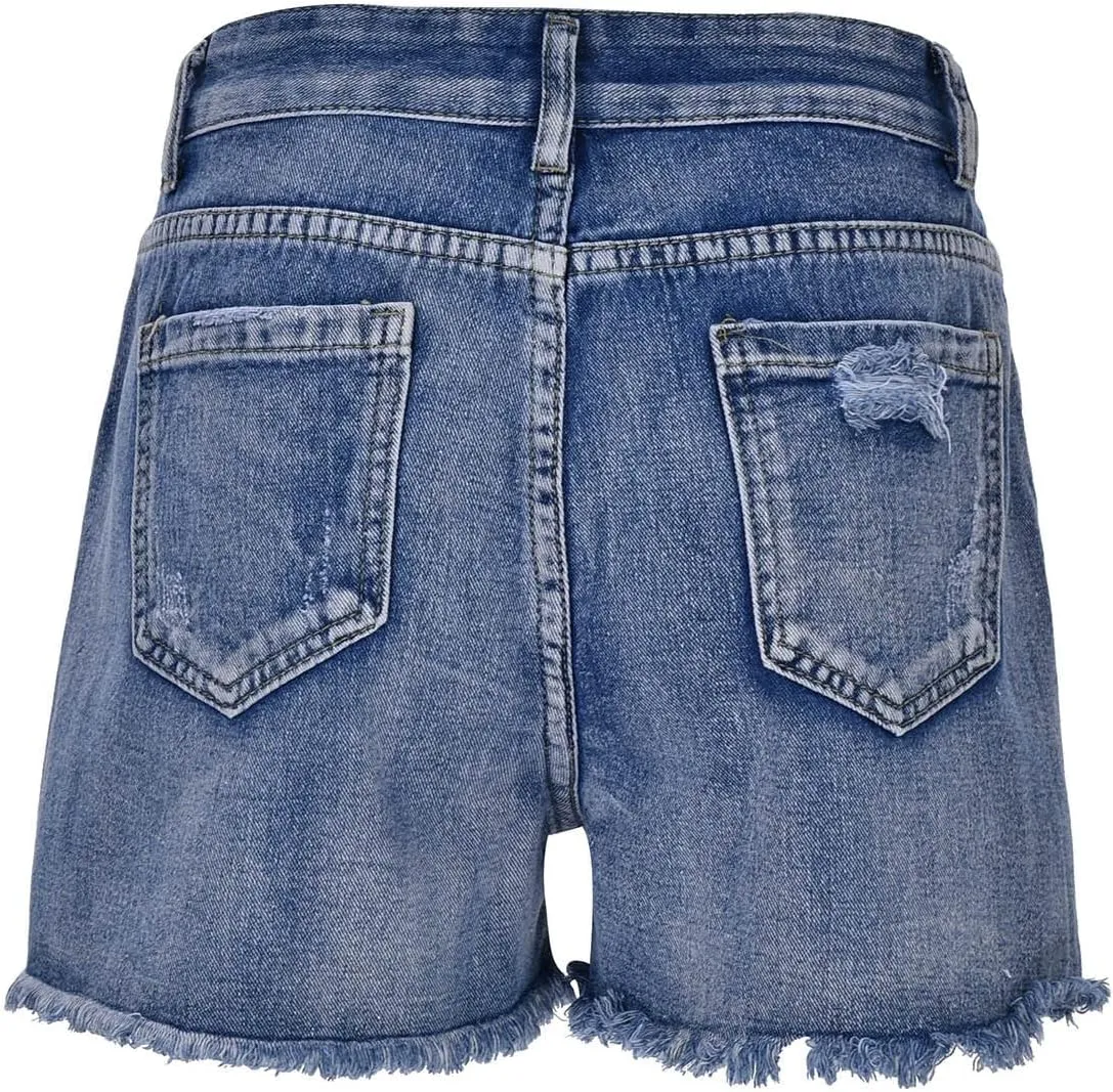 Jean Shorts Womens Stretchy High Waisted Ripped Shorts with Pockets Trendy Distressed Cuffed Hem Denim Hot Shorts