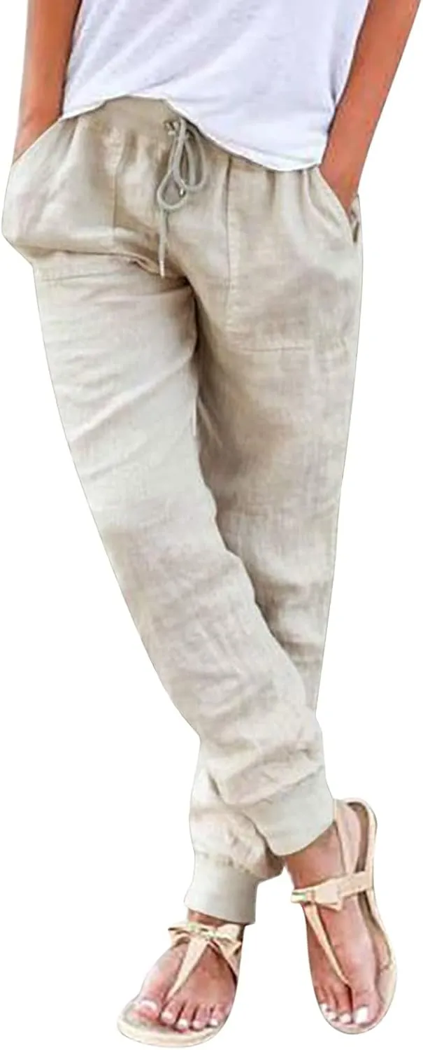 JiXiang Trousers for Women Summer Casual Drawstring Back Elastic Waist Linen Loose Fit Joggy Yoga Tapered Pants with Pockets