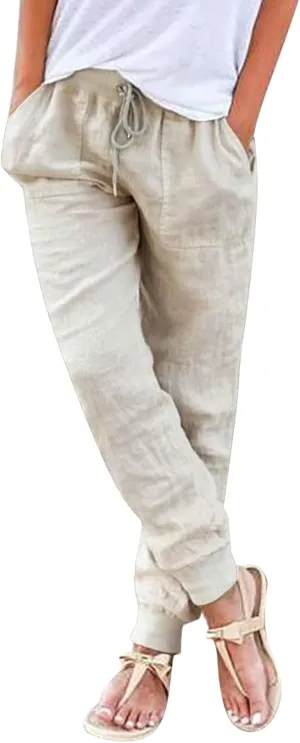 JiXiang Trousers for Women Summer Casual Drawstring Back Elastic Waist Linen Loose Fit Joggy Yoga Tapered Pants with Pockets