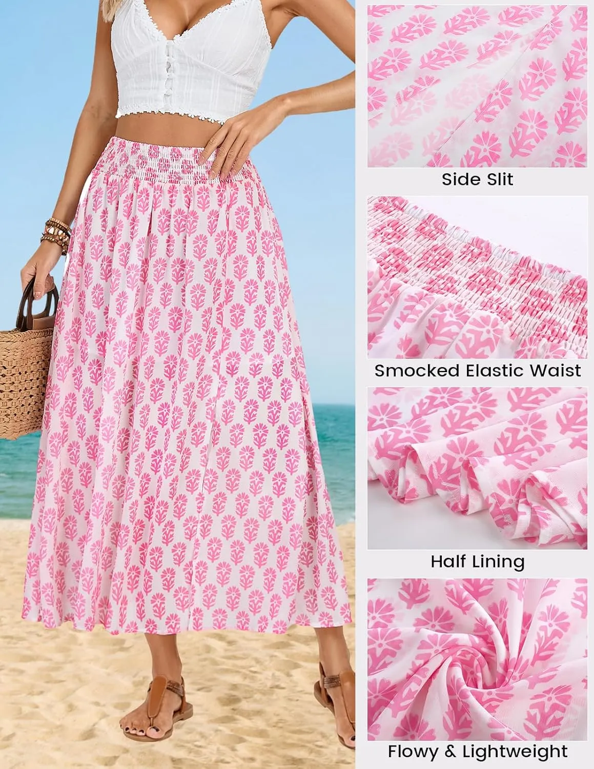 Kate Kasin Skirts for Women Smocked High Waisted Maxi Skirt Floral Boho A Line Beach Skirt with Slit 2025
