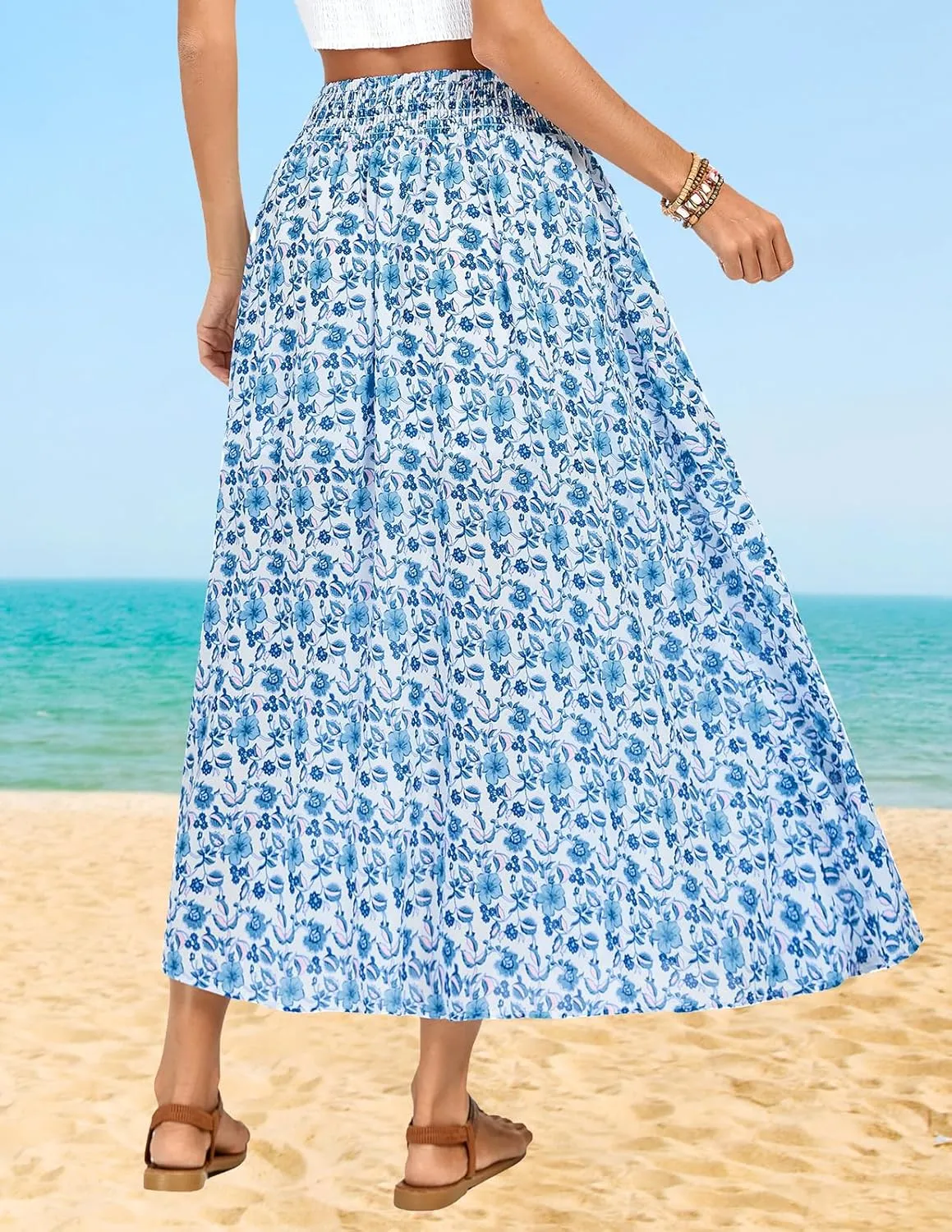 Kate Kasin Skirts for Women Smocked High Waisted Maxi Skirt Floral Boho A Line Beach Skirt with Slit 2025