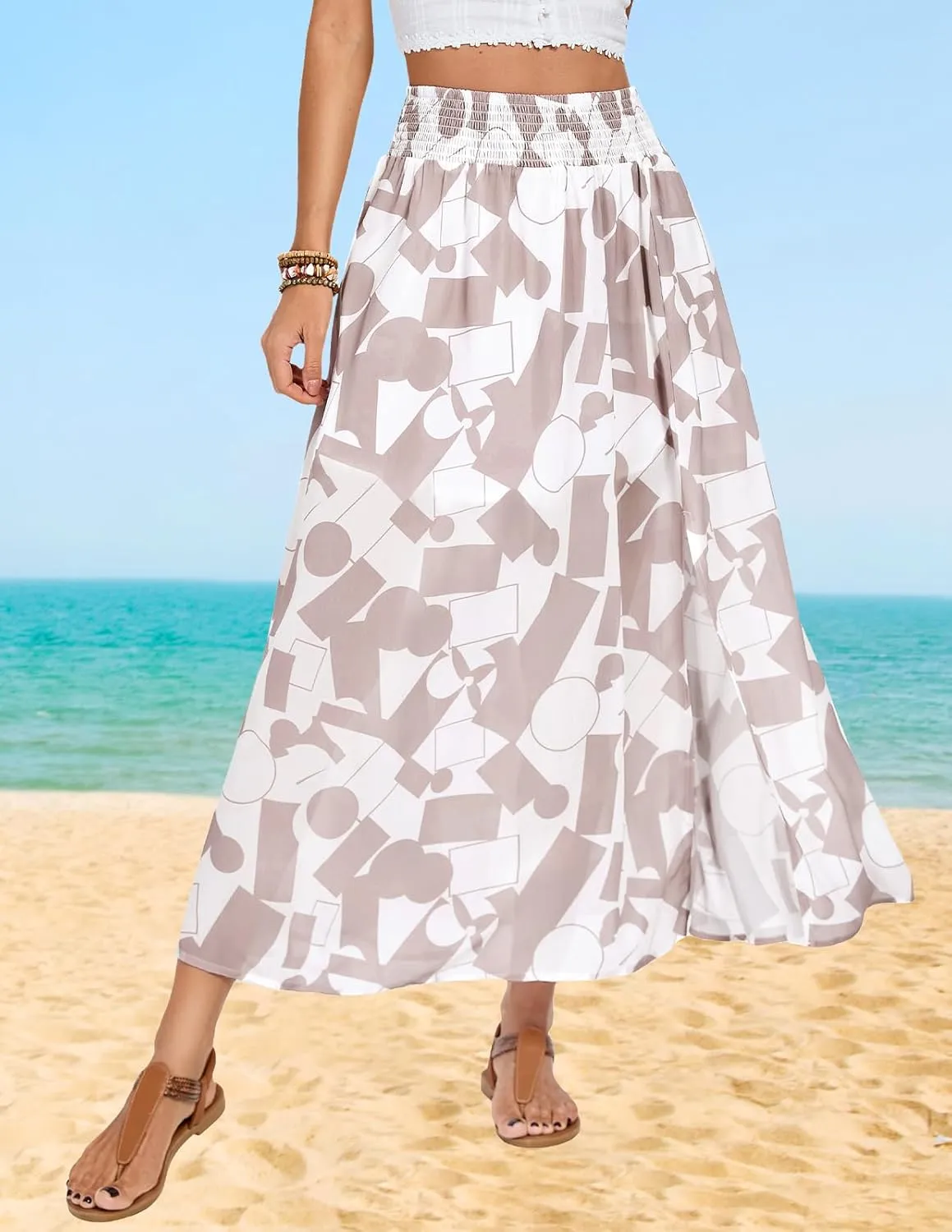 Kate Kasin Skirts for Women Smocked High Waisted Maxi Skirt Floral Boho A Line Beach Skirt with Slit 2025