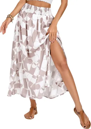 Kate Kasin Skirts for Women Smocked High Waisted Maxi Skirt Floral Boho A Line Beach Skirt with Slit 2025