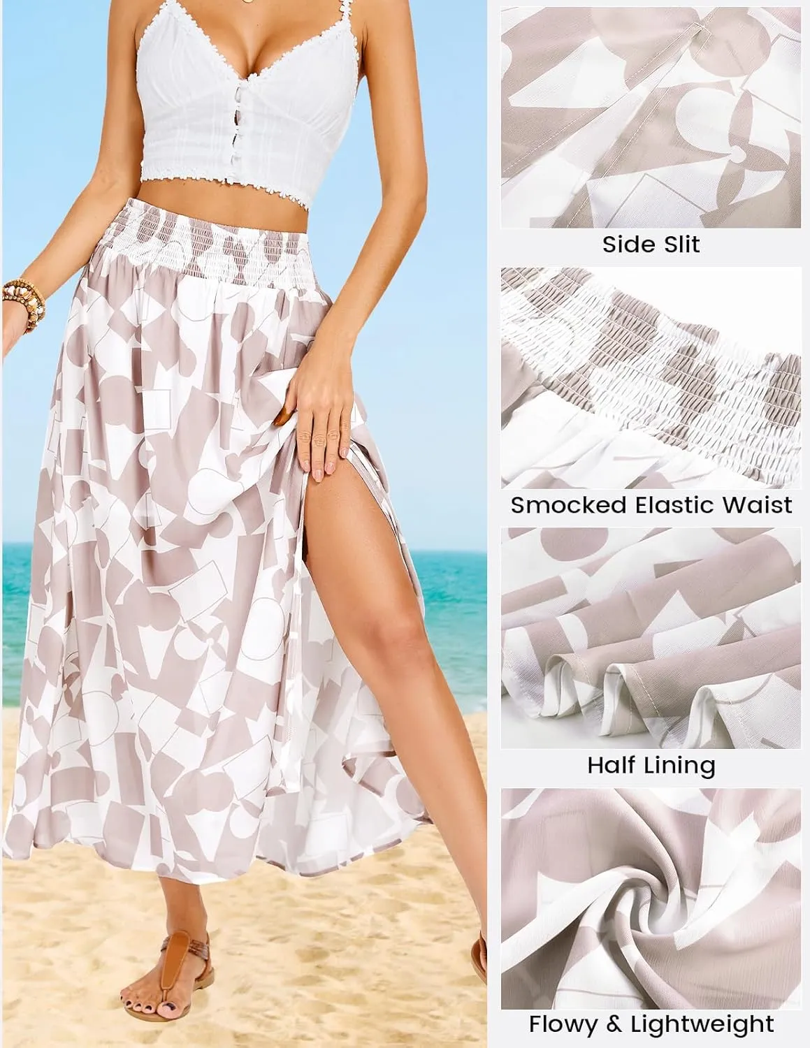 Kate Kasin Skirts for Women Smocked High Waisted Maxi Skirt Floral Boho A Line Beach Skirt with Slit 2025