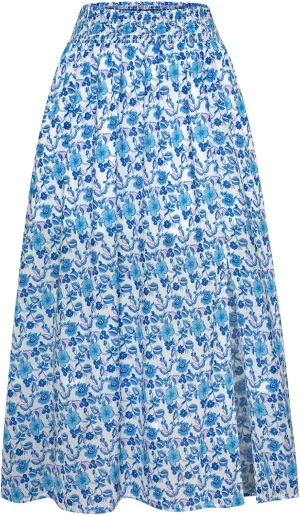 Kate Kasin Skirts for Women Smocked High Waisted Maxi Skirt Floral Boho A Line Beach Skirt with Slit 2025